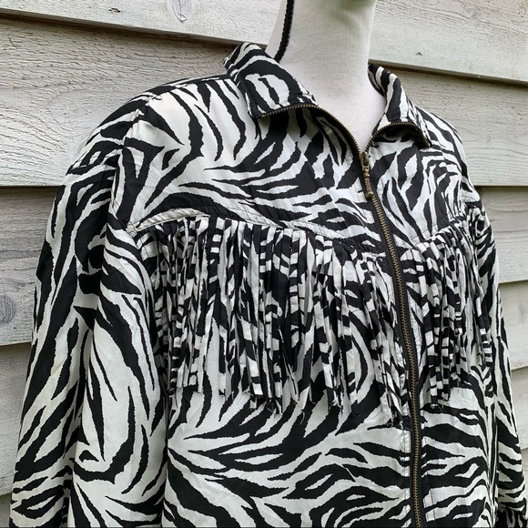 Vintage 80s Silk Zebra Print Fringe Trim Long Sleeve Zip Front Collared Jacket - Picture 4 of 16